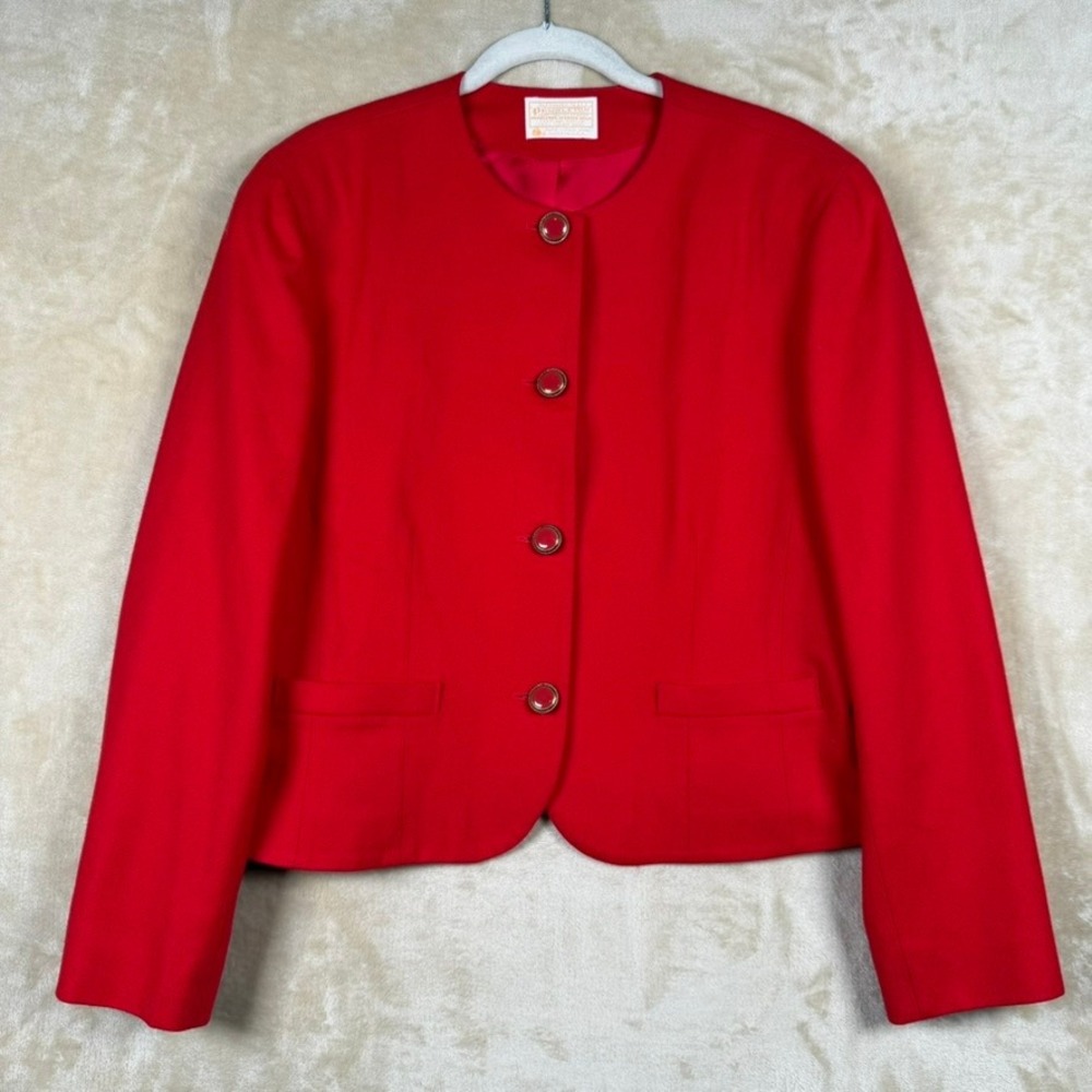Pendleton Size 14 Red 100% Virgin Wool Collarless Button Front Blazer Jacket USA